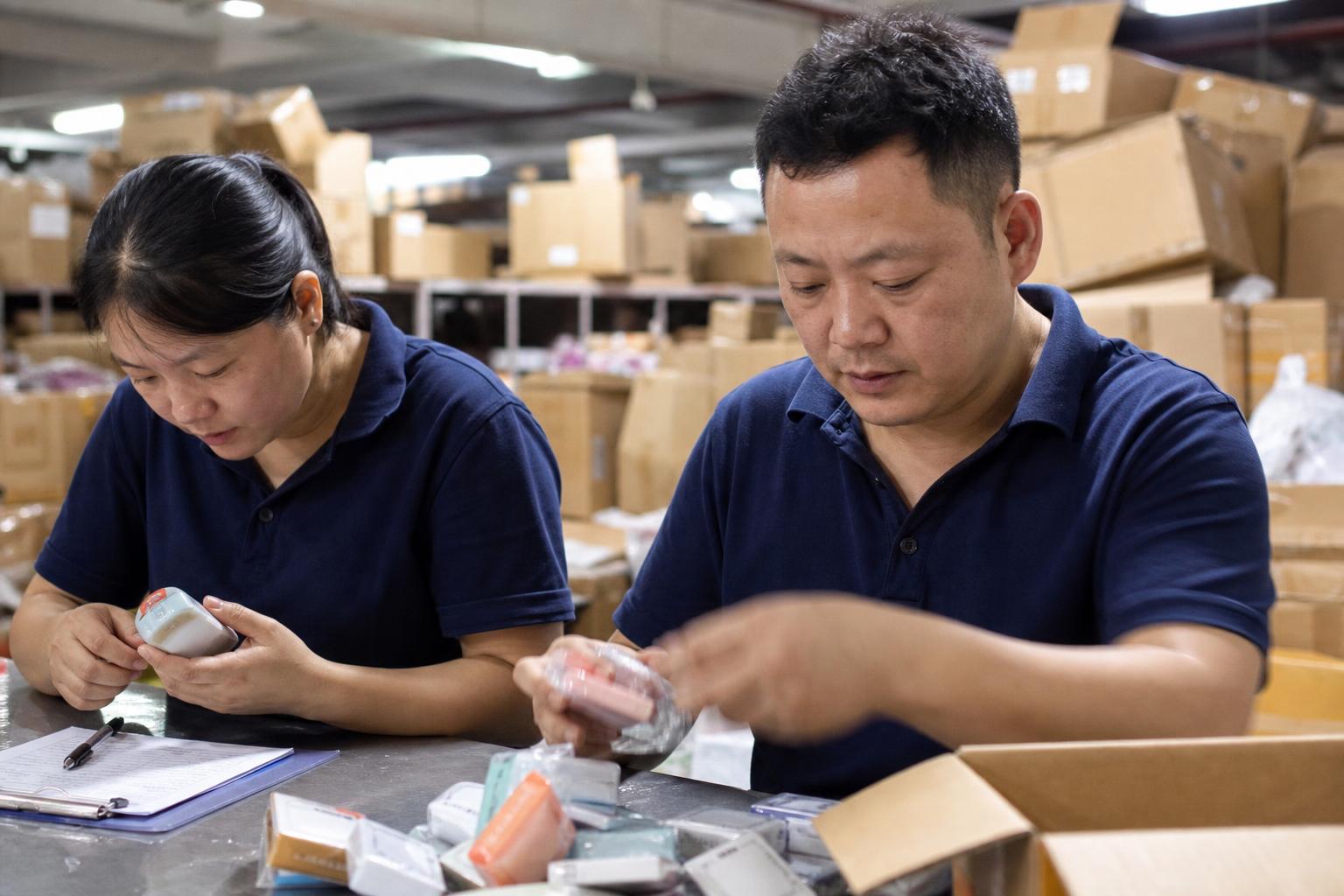 Quality control team inspecting products with checklists before export