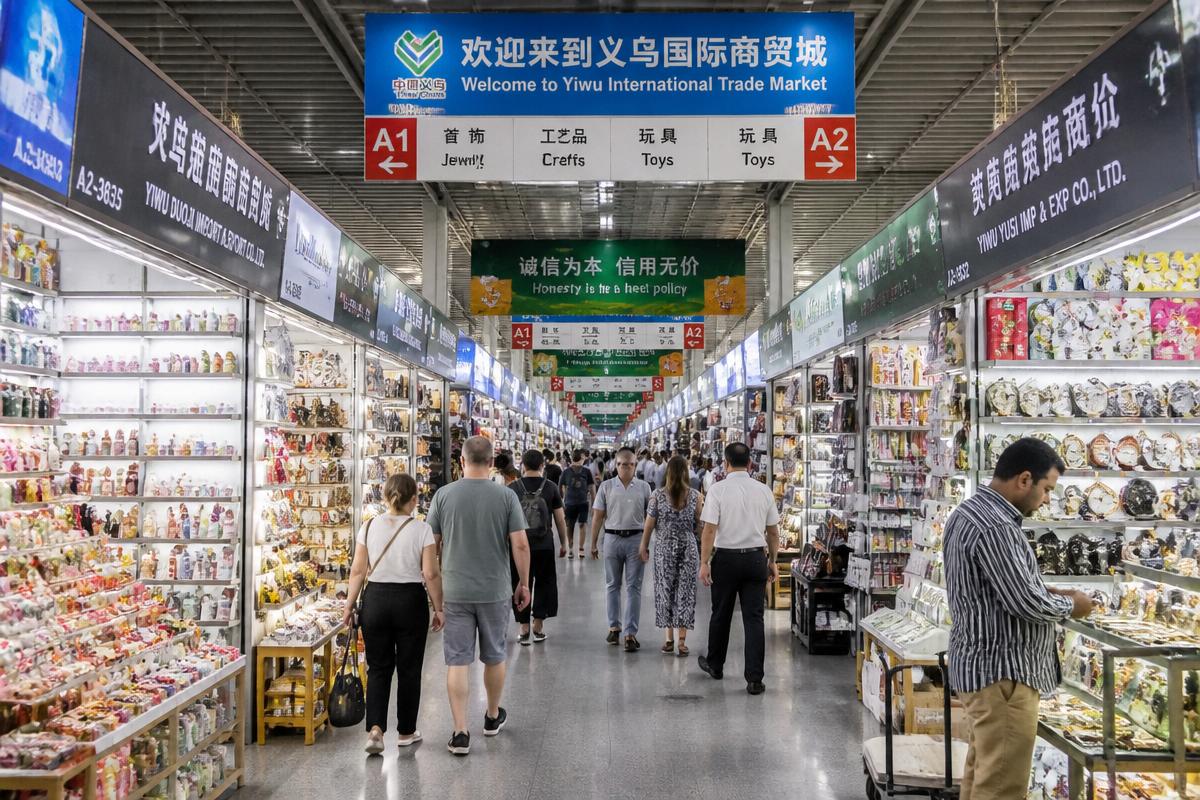 Aisles of the Yiwu International Trade Market filled with wholesale goods