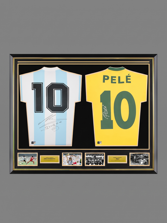 Diego Maradona Argentina & Pele Brazil Official FIFA World Cup™ Signed and Dual Framed Shirts