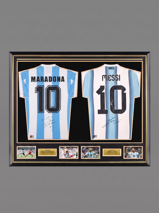 LEGENDARY Lionel Messi and Diego Maradona Back Signed and Framed Argentina Shirts